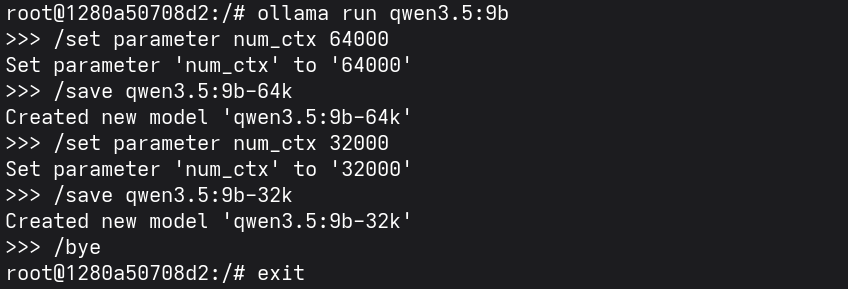 Ollama setup for qwen3.5:9b with 64k token context window