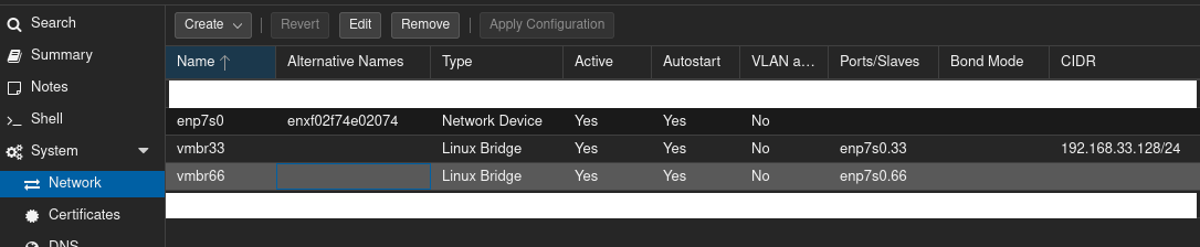 Screenshot of proxmox user interface showing bridge configuration
